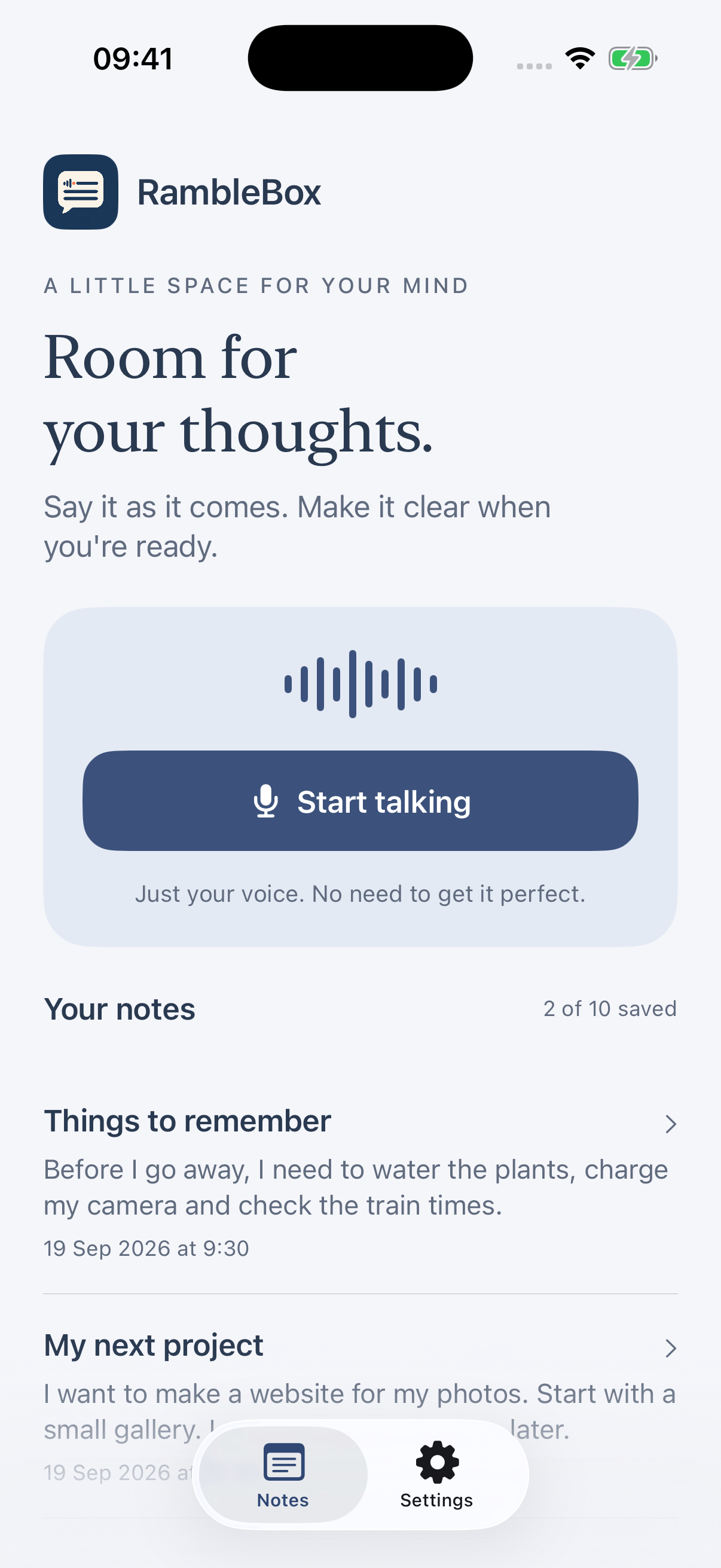 RambleBox showing Start talking and example saved notes: My next project and Things to remember